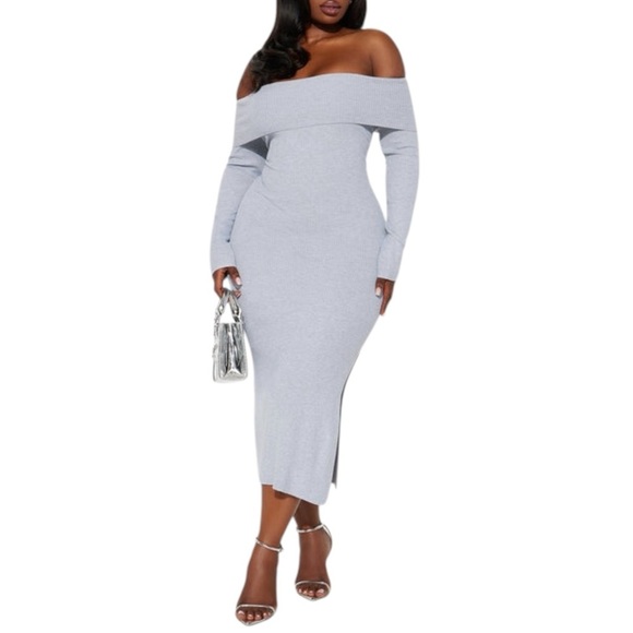 Plus Size, Fashion Nova Gray Ribbed Off-Shoulder Long Sleeve Dress, 2X - Picture 1 of 9